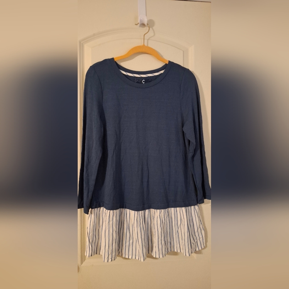 Cupio Blue Long Sleeve Knit to Woven Tunic Top medium bussines casual